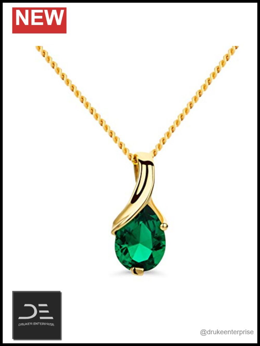 14K Gold Pendant Necklace with Created Emerald 17.7" Women's Jewelry